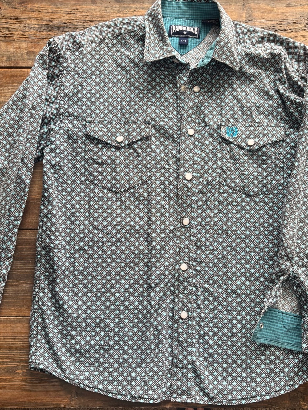 Panhandle Boy's Teal and Gray Geo Print Western Shirt, snaps, EUC.